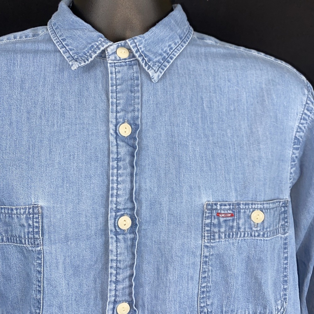 Cremieux Classic Men Chambray Blue Shirt Size L Button Drown %100 Cotton